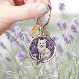White Arctic Fox Lavender William Morris Flowers Rund Silverfärgad Nyckelring
