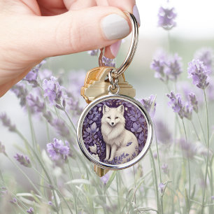 White Arctic Fox Lavender William Morris Flowers Rund Silverfärgad Nyckelring