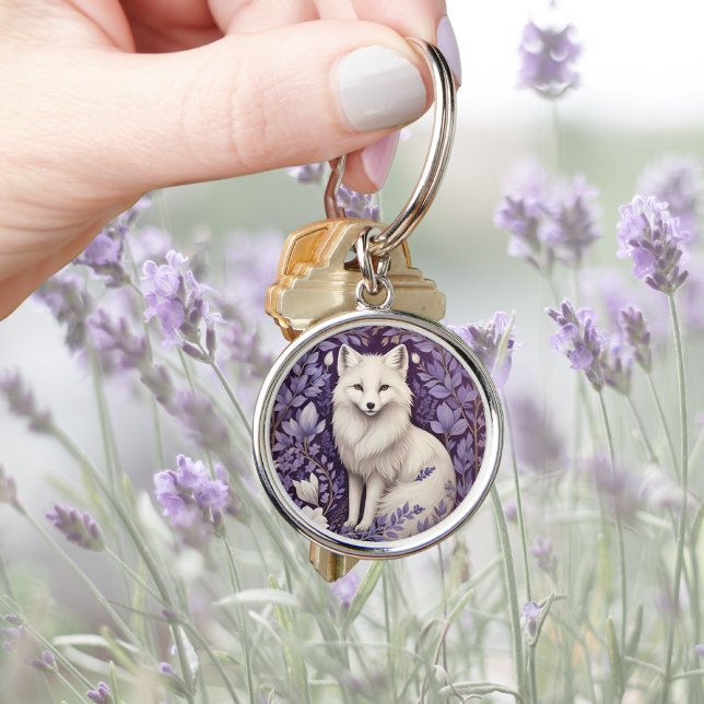White Arctic Fox Lavender William Morris Flowers Rund Silverfärgad Nyckelring (Skapare uppladdad)