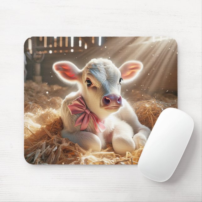 White Baby Calf i Barn Stall Musmatta (Med mus)