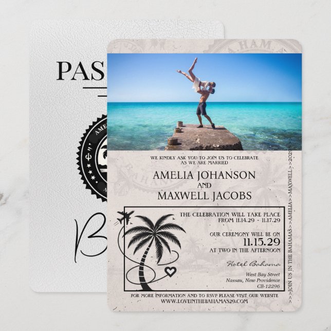 White Bahamas Passport Wedding bjudande Inbjudningar (Fram/baksida)