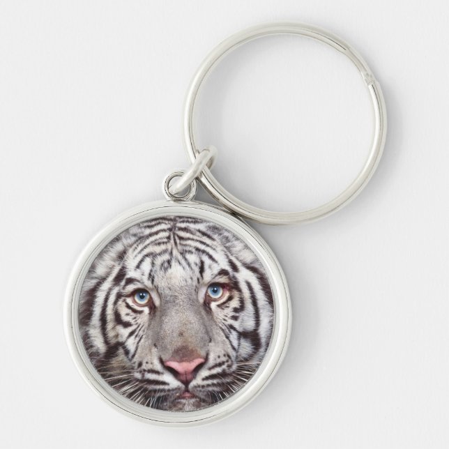 White Bengal Tiger Rund Silverfärgad Nyckelring (Framsidan)
