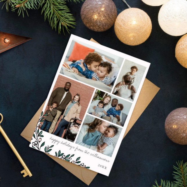 White Berry Sprigs Photo Collage Glad helg Julkort (Skapare uppladdad)