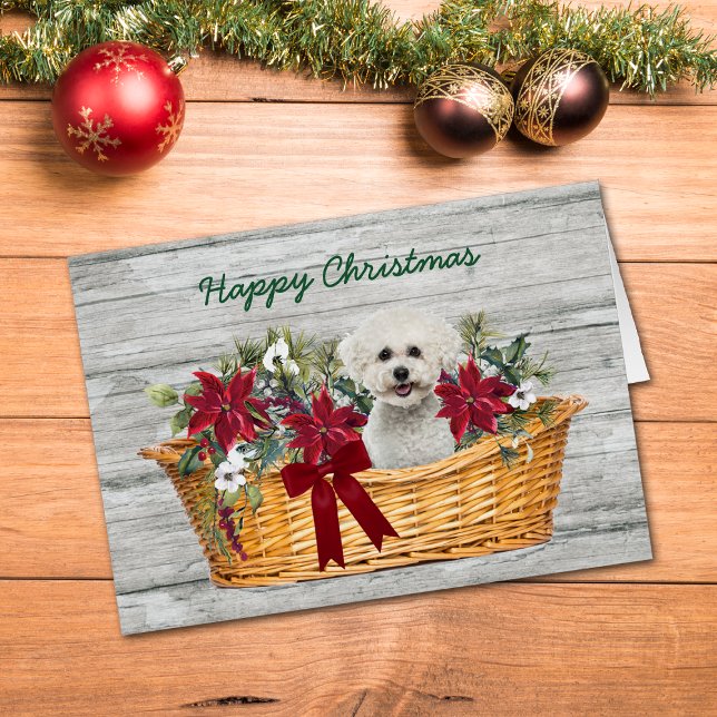 White Bichon Frise Hund i Basket-julkort Hälsningskort (Skapare uppladdad)