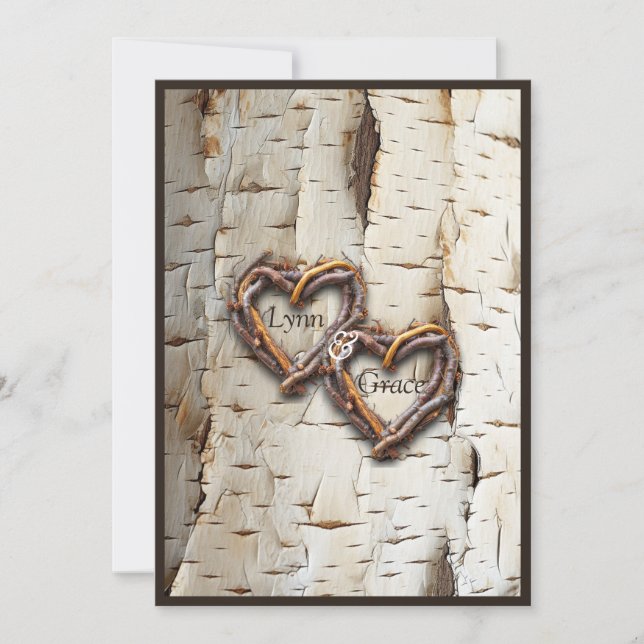 White Birch Träd Bark Rustic Stick Hearts Inbjudningar (Framsida)