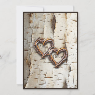 White Birch Träd Bark Rustic Stick Hearts Inbjudningar