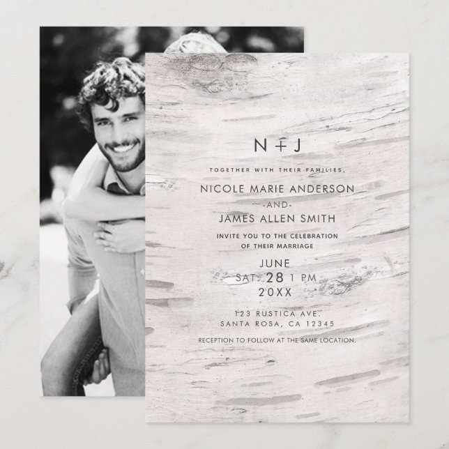 White Birch Wood Rustic Barn Modern Photo Bröllop Inbjudningar (Fram/baksida)