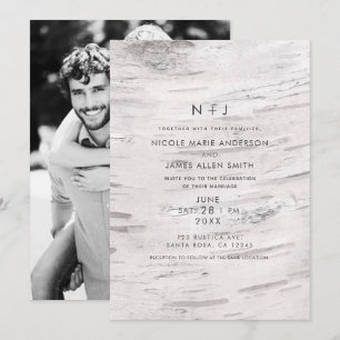 White Birch Wood Rustic Barn Modern Photo Bröllop Inbjudningar