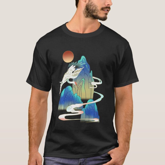 White Bird Snö Crane Sunset Chinese Painting Shan T Shirt (Framsida)