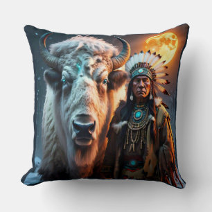 White Bison och Native American Chief Dekorativ ku Kudde