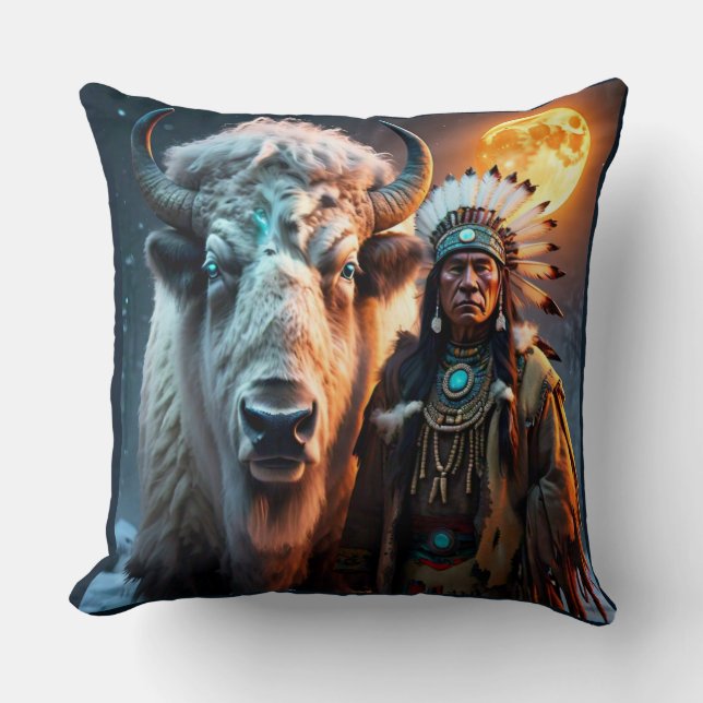 White Bison och Native American Chief Dekorativ ku Kudde (Framsida)