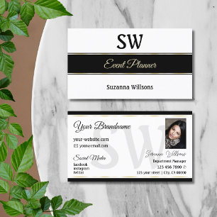 White Black and Guld Rand med Monogram & Photo Visitkort