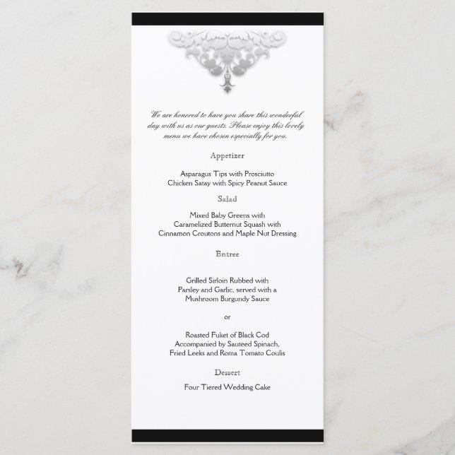 White Black and Silver Damask Wedding Menu Meny (Framsida)