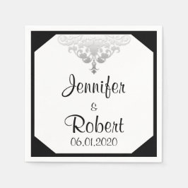 White Black and Silver Damask Wedding Napkin Pappersservett