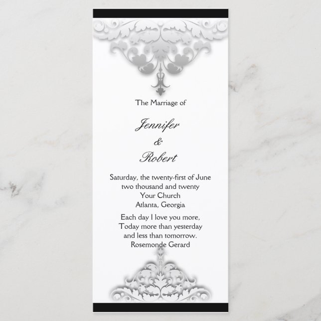 White Black and Silver Damask Wedding Program (Framsida)
