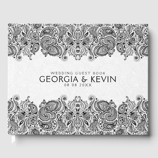 White & Black Blommigt Paisley Snöre Gästböcker (Framsida)