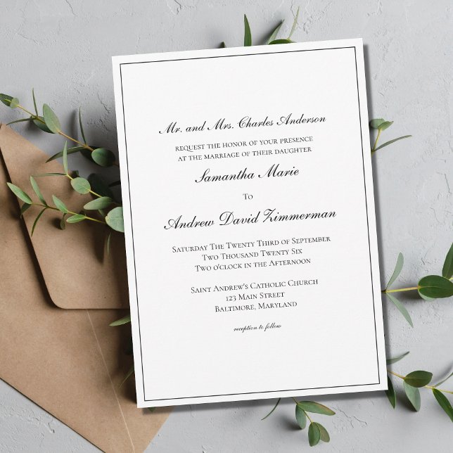 White Black Border Classic Formal Elegant Wedding  Inbjudningar (Skapare uppladdad)