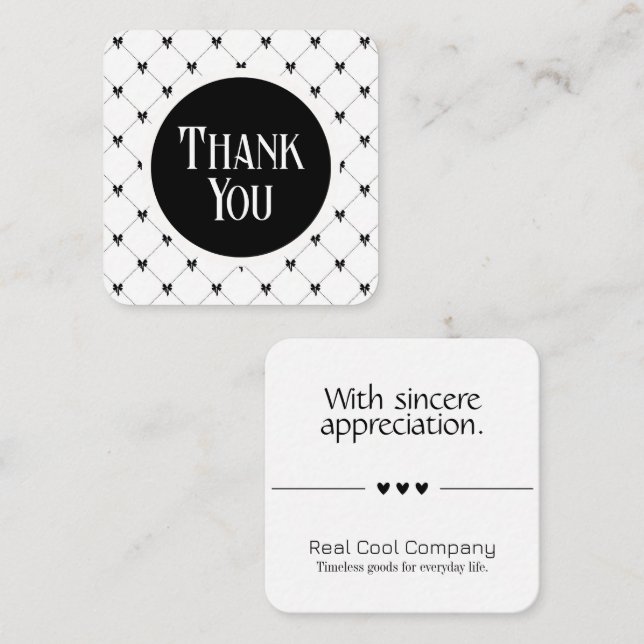 White & Black Bow Monogram Thank You Card Tilläggskort (Fram/baksida)