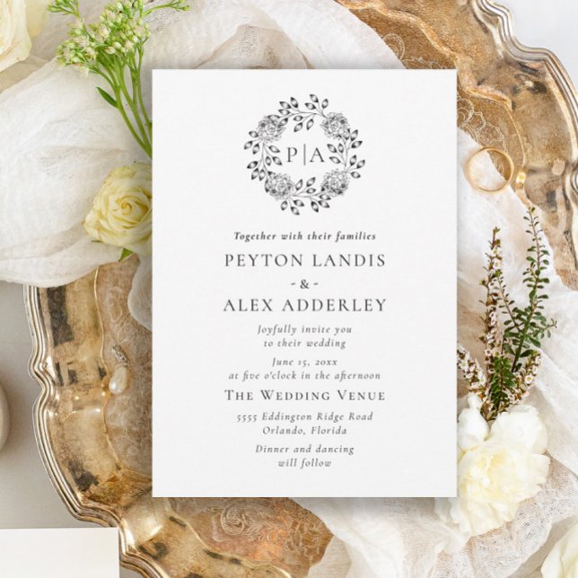 White Black Classic Blommigt Monogram Bröllop Invi Inbjudningar (Skapare uppladdad)