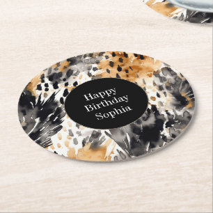 White Black Cream Leopard Animal Birthday Underlägg Papper Rund