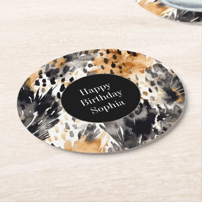 White Black Cream Leopard Animal Birthday Underlägg Papper Rund (Vinklad)
