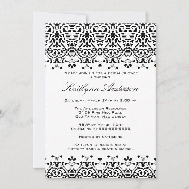 White & Black Damask Inbjudningskort för möhippan (Framsida)