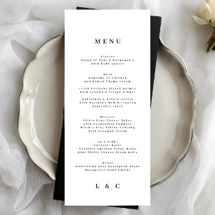 White Black Elegant Simple Monogram Bröllop Meny