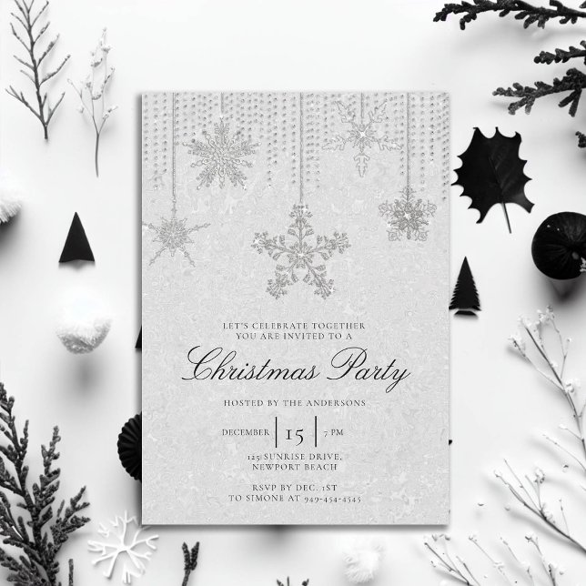 White Black Glitter Drives Snöflingor jul Inbjudningar (rhinestones glitter drips christmas party invitation elegant black white modern minimalist classy)