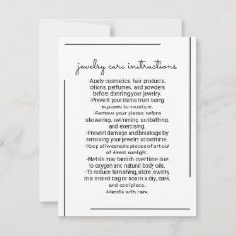 White Black Gräns Script Jewelry Care Instruction Anteckningskort