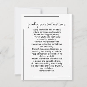 White Black Gräns Script Jewelry Care Instruction Anteckningskort