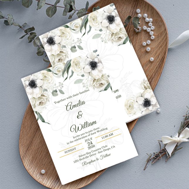 White Black Green Elegant Anemone Wedding Inbjudningar (Invitation wedding)
