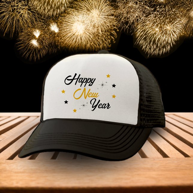 White Black & Guld Gott nytt år Keps (White Black & Gold Happy New Year Trucker Hat)