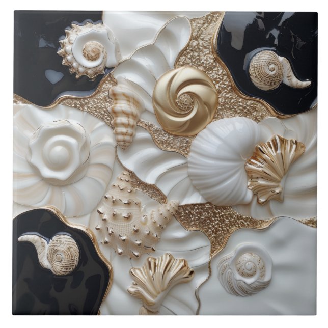White Black Guld Seashells 3D-effekt Kakelplatta (Framsidan)