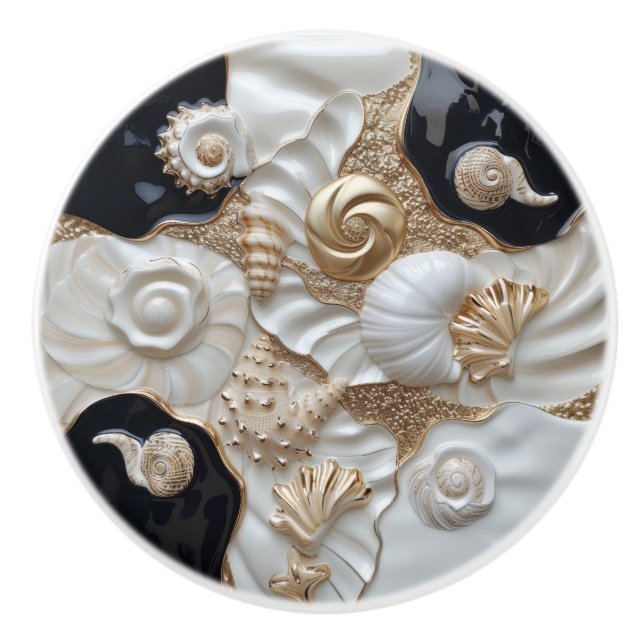White Black Guld Seashells 3D-effekt Knopp (Framsidan)