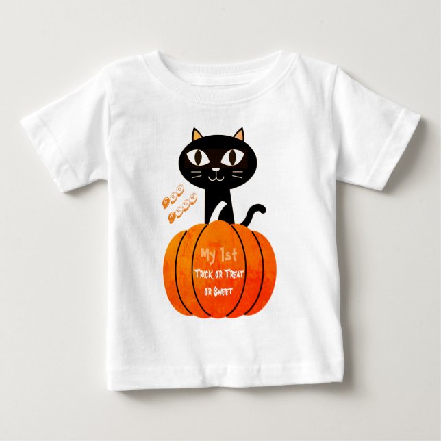 White Black Halloween Bus eller godis Cat Pumpkin T Shirt (Framsida)