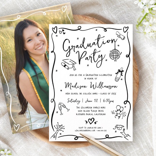 White Black Hand Drawn Doodle Photo Graduate Party Inbjudningar (Skapare uppladdad)