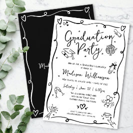 White Black Hand Drawn Doodles Graduation Party Inbjudningar