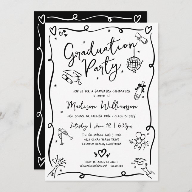 White Black Hand Drawn Doodles Graduation Party Inbjudningar (Fram/baksida)