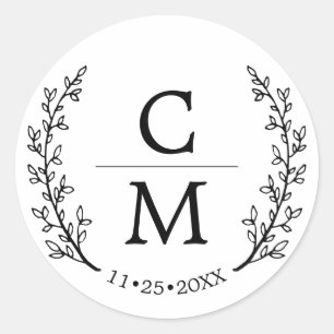 White Black Laurel Grenar Monogram Bröllop Runt Klistermärke