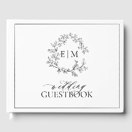 White Black Leafy Vapensköld Monogram Bröllop Gästböcker