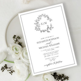 White Black Leafy Vapensköld Monogram Bröllop Inbjudningar