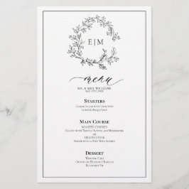 White Black Leafy Vapensköld Monogram Bröllop Menu