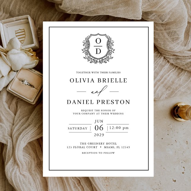 White Black Leafy Vapensköld Monogram Elegant bröl Inbjudningar (Skapare uppladdad)