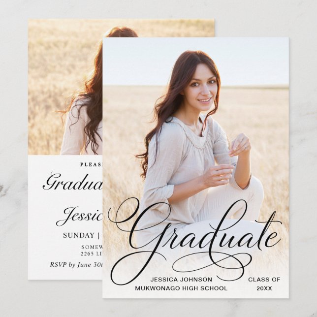 White Black Modern 2 PHOTO-Studentfest Inbjudningar (Fram/baksida)