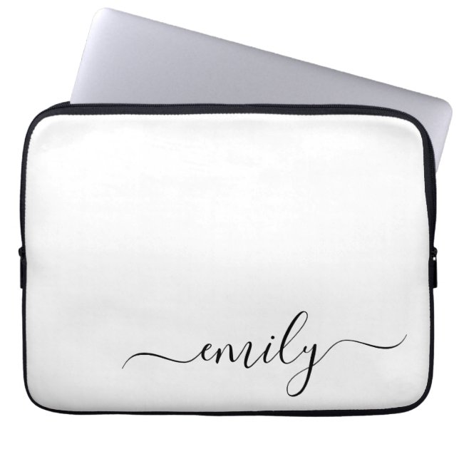 White Black Modern Script Monogram Namn Laptop Fodral (Framsidan)