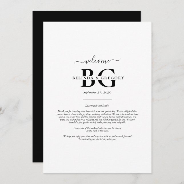 White Black Monogram Initialer Bröllop Itinerary Program (Fram/baksida)