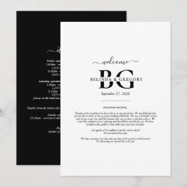 White Black Monogram Initialer Bröllop Itinerary Program