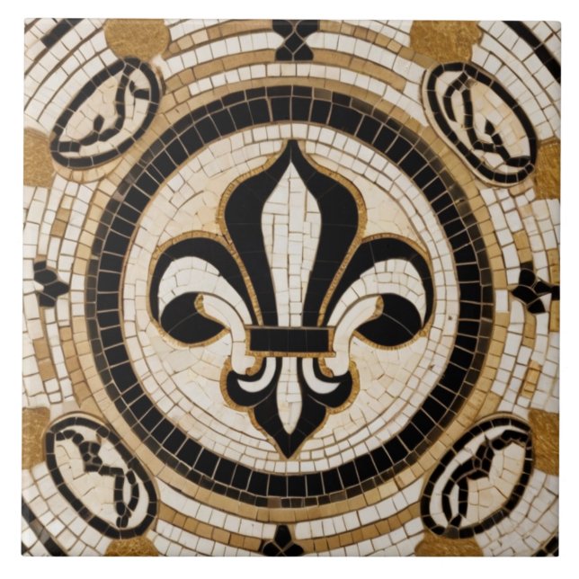 White Black och Guld Fleur de Lis Faux Mosaic Kakelplatta (Framsidan)