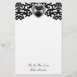 White & Black Ornate Heart Pendant Bröllop Brevpapper