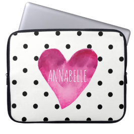 WHITE + Black polka dots Watercolor Heart Monogram Laptop Sleeve